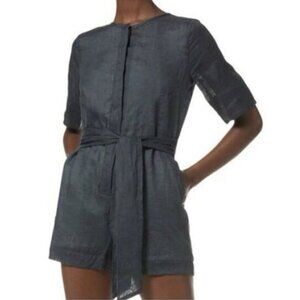 Banana Republic Black Ramie Linen Short Romper Women's Size 14 Tall Tie Waist